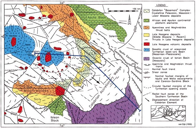 Di Jpvandijk, J.P. van Dijk, Janpieter van Dijk, Johannes Petrus van Dijk - van Dijk, J.P. (1992); ; Late Neogene fore-arc basin evolution in the Calabrian Arc (Central Mediterranean). Tectonic sequence stratigraphy and dynamic geohistory. With special reference to the geology of Central Calabria.Geologica Ultrajectina, Vol. 92, pp. 56, Fig. 1a., CC BY-SA 4.0, https://commons.wikimedia.org/w/index.php?curid=10623900